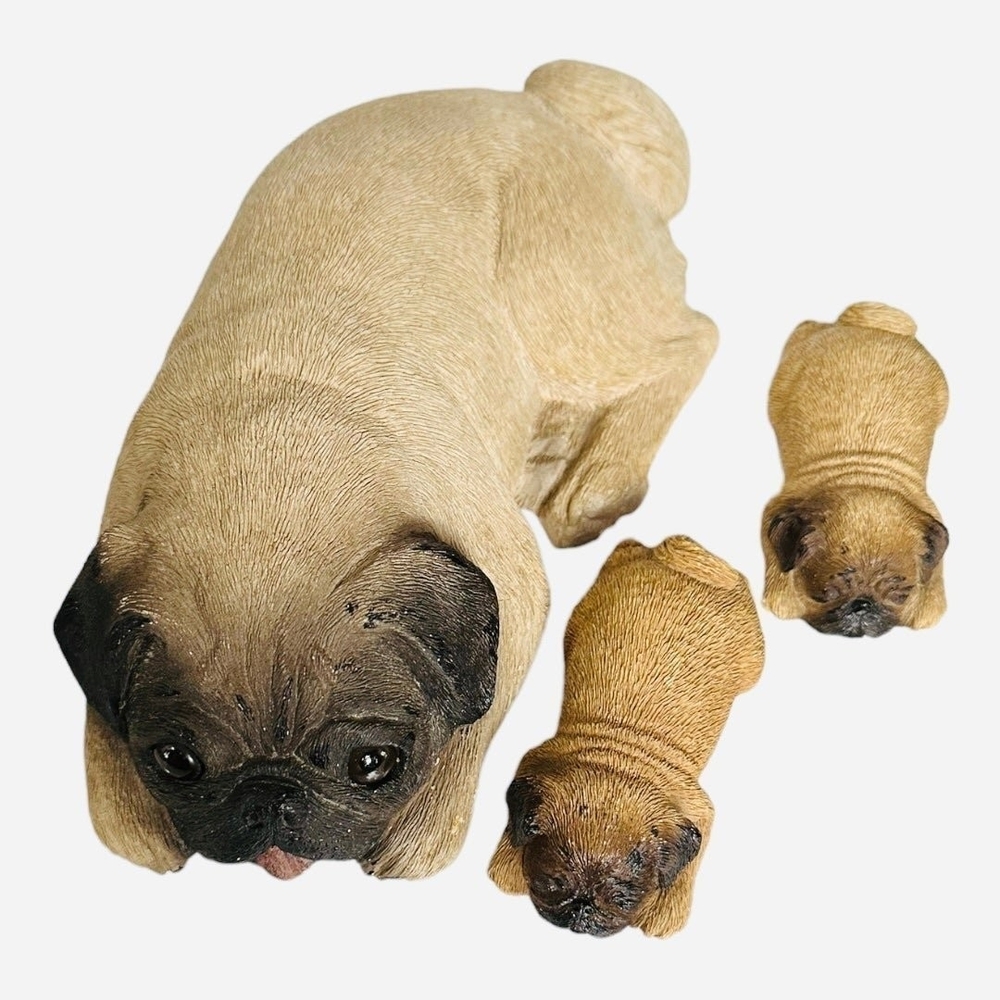 Dog Mate Momma Dog & Sleeping Puppies Figurine Sandcast Brown Black Pug Set VG - Picture 2 of 8